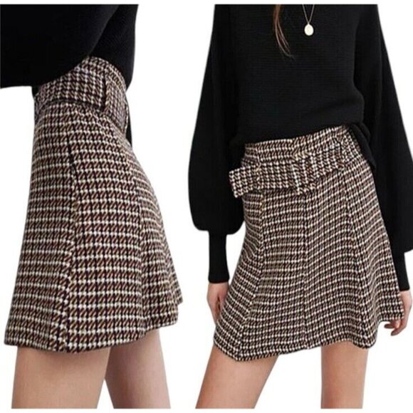 Zara Belted High Waist Multicolor Tweed A-Line Preppy Mini Skirt Size Small - Picture 1 of 10
